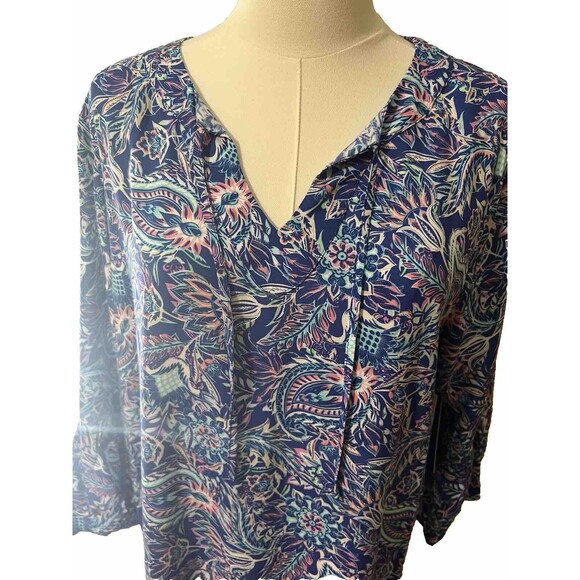 Caribbean Joe Dress L Rayon Paisley Blues Flutter Elbow Sleeves Flowy Boho Chic - Picture 10 of 14